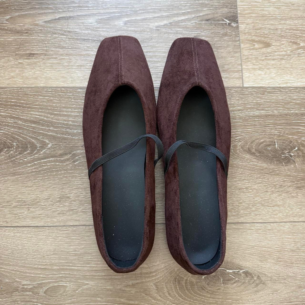 Brown Suede Square Toe Mary Jane Ballet Flats with Elastic strap Size 10